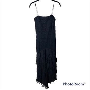 NWT JS COLLECTIONS Black Lace Ruffle Hem Midi Cocktail Dress Size 4